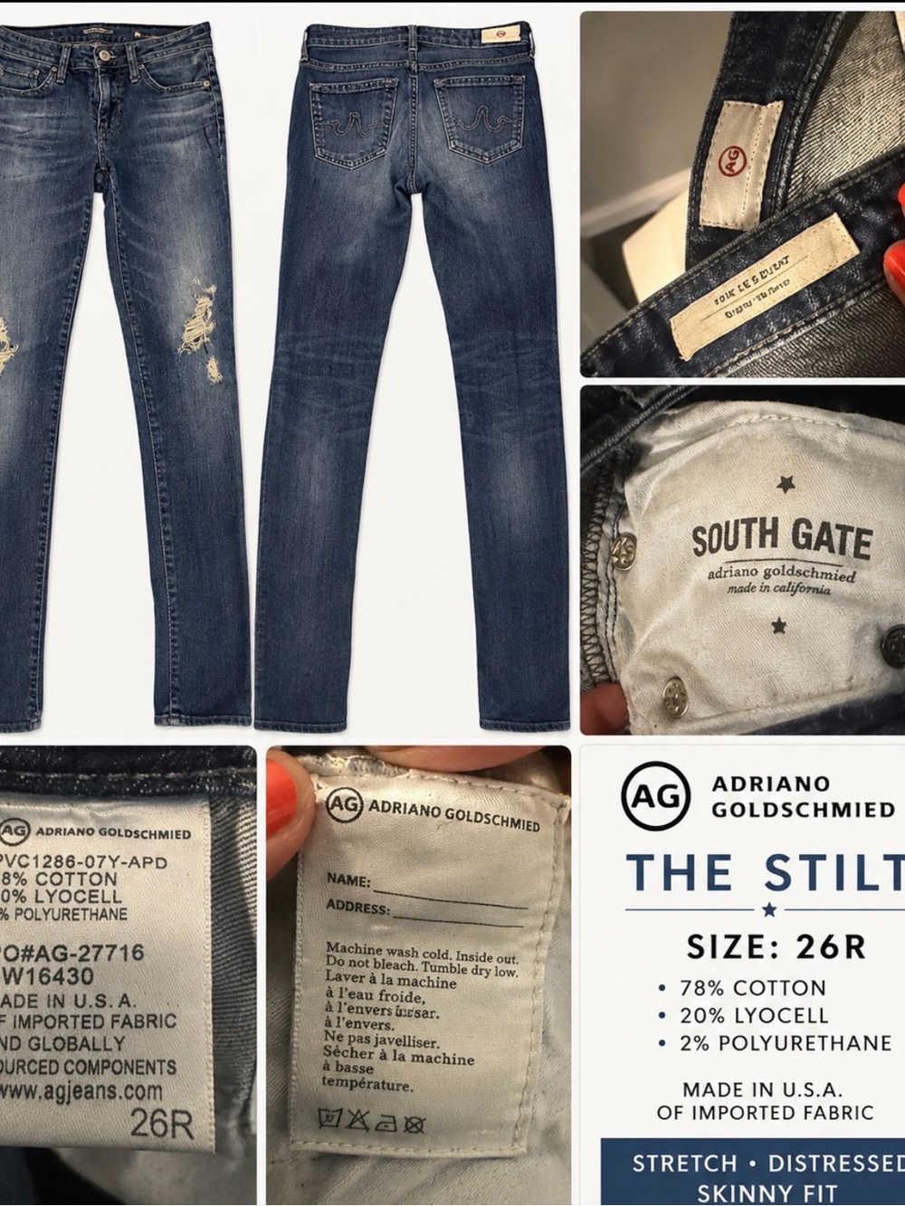 Ag Adriano Goldschmied South Gate Skinny Jeans - Mid Blue Distressed